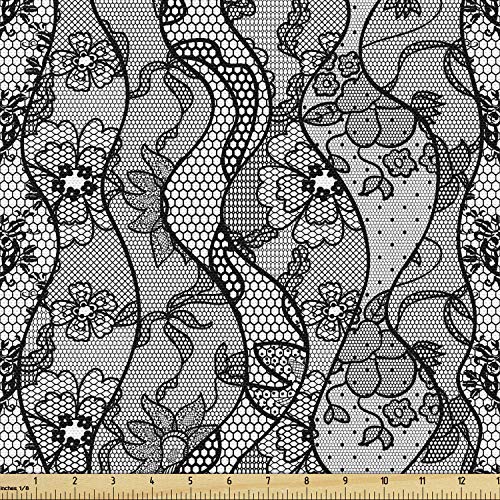 Ambesonne Floral Fabric by The Yard, Lace Gothic Pattern with Flower Effect and Leaves Ornamental Antique Feminine Design, Decorative Fabric for Upholstery and Home Accents, 1 Yard, Black Grey