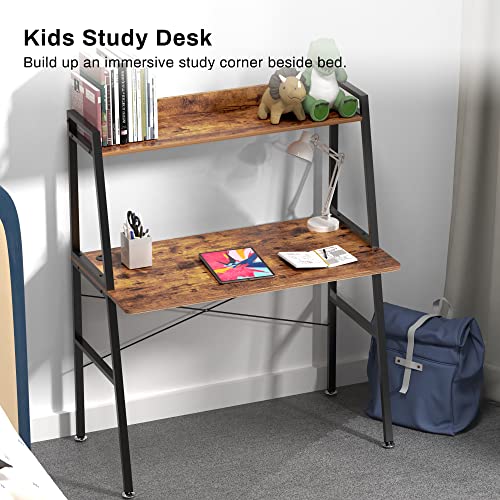 DESIGNA Small Computer Ladder Desk with Storage Shelves, 43 Inch 2-Tier Home Office Students Study Writing PC Gaming Table with Bookshelf Modern Workstation for Space Saving, Metal Frame, Rustic Brown