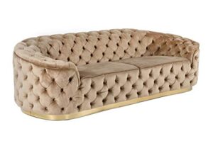 limari home alban collection glam style living room velvet fabric upholstered diamond button tufted sofa with gold stainless steel accents, beige