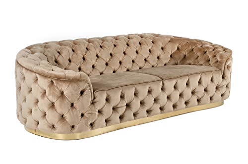 Limari Home Alban Collection Glam Style Living Room Velvet Fabric Upholstered Diamond Button Tufted Sofa With Gold Stainless Steel Accents, Beige