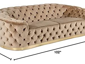 Limari Home Alban Collection Glam Style Living Room Velvet Fabric Upholstered Diamond Button Tufted Sofa With Gold Stainless Steel Accents, Beige