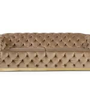 Limari Home Alban Collection Glam Style Living Room Velvet Fabric Upholstered Diamond Button Tufted Sofa With Gold Stainless Steel Accents, Beige