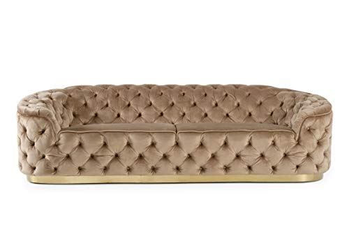 Limari Home Alban Collection Glam Style Living Room Velvet Fabric Upholstered Diamond Button Tufted Sofa With Gold Stainless Steel Accents, Beige