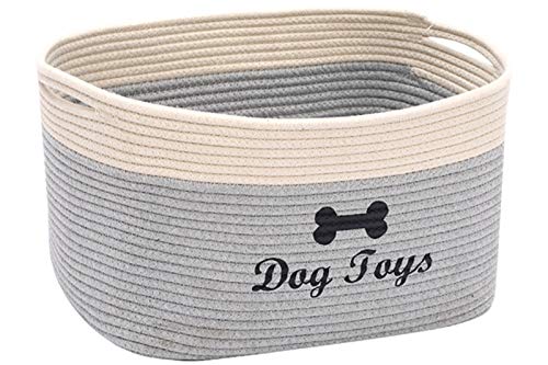 Xbopetda Dog Toy Basket, Cotton Rope Storage Basket, Laundry Basket Storage Bin Pet Toy Organizer Box - Perfect for Holding Pet Clothes/Blankets/Treats-Gray/White