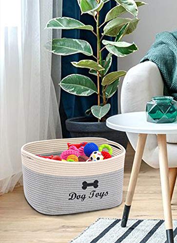 Xbopetda Dog Toy Basket, Cotton Rope Storage Basket, Laundry Basket Storage Bin Pet Toy Organizer Box - Perfect for Holding Pet Clothes/Blankets/Treats-Gray/White