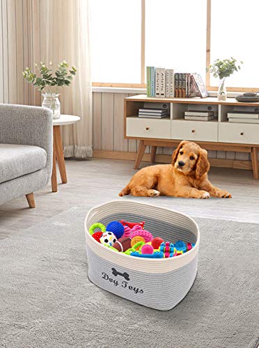 Xbopetda Dog Toy Basket, Cotton Rope Storage Basket, Laundry Basket Storage Bin Pet Toy Organizer Box - Perfect for Holding Pet Clothes/Blankets/Treats-Gray/White