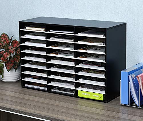 PAG Wood Literature Organizer Office Home File Sorter Mail Center Paper Storage Holder Classroom Keepers Mailbox, 27 Slots Compartment, Black&White