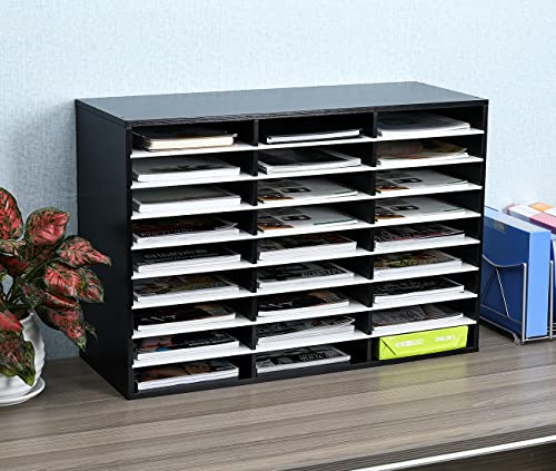 PAG Wood Literature Organizer Office Home File Sorter Mail Center Paper Storage Holder Classroom Keepers Mailbox, 27 Slots Compartment, Black&White