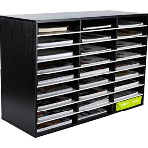 PAG Wood Literature Organizer Office Home File Sorter Mail Center Paper Storage Holder Classroom Keepers Mailbox, 27 Slots Compartment, Black&White