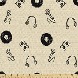 ambesonne music fabric by the yard, retro records headphones microphones casette tapes melody in sixties graphic art, decorative fabric for upholstery and home accents, 1 yard, black cream