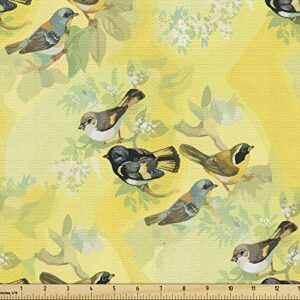 ambesonne bird fabric by the yard, little birds on spring branches in watercolor style repetitive pattern, decorative fabric for upholstery and home accents, 1 yard, yellow and multicolor