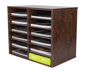 pag wood desktop literature organizer adjustable file sorter mail center magazine holder paper storage cabinet classroom keepers mailbox for office home school, 12 compartments, brown