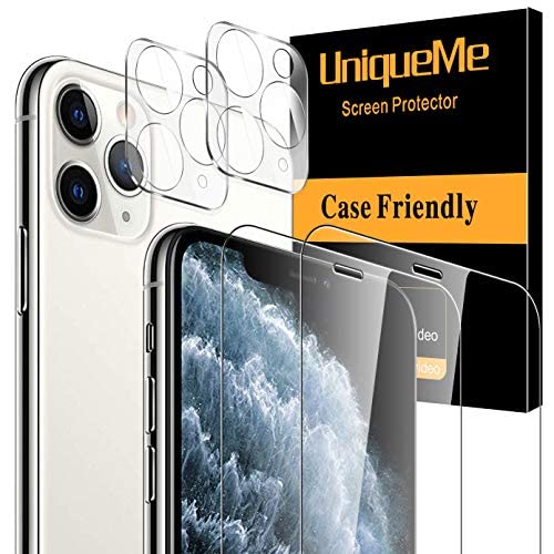 UniqueMe [4 Pack] compatible with iPhone 11 Pro Max 6.5 - inch, 2 Pack Screen Protector Tempered Glass and 2 Pack Camera Lens Protector 9H Hardness Clear [Bubble Free]