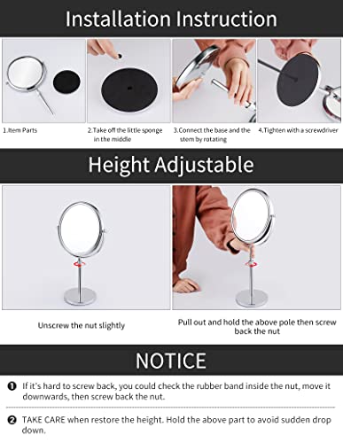 Nicesail Tabletop Makeup Mirror 8 Inch Double-Sided with 7X Magnification, Freestanding Mirror with Pedestal for Shaving, Height Adjustable Chrome Finish (8 Inch, 7X)