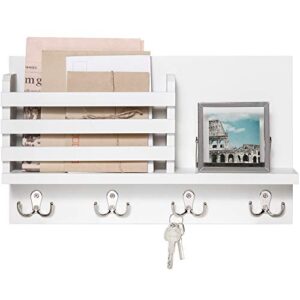 dahey wall mounted mail holder wooden key holder rack mail sorter organizer with 4 double key hooks and a floating shelf rustic home decor for entryway or mudroom,15.8" w x9.5 hx2.7 d, white