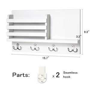 Dahey Wall Mounted Mail Holder Wooden Key Holder Rack Mail Sorter Organizer with 4 Double Key Hooks and A Floating Shelf Rustic Home Decor for Entryway or Mudroom,15.8" W x9.5 Hx2.7 D, White