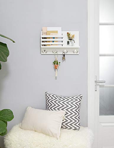 Dahey Wall Mounted Mail Holder Wooden Key Holder Rack Mail Sorter Organizer with 4 Double Key Hooks and A Floating Shelf Rustic Home Decor for Entryway or Mudroom,15.8" W x9.5 Hx2.7 D, White