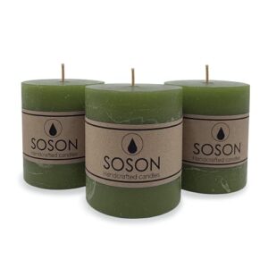 simply soson rustic 3x3 dark moss green pillar candles set of 3 - unscented candles - large candle for candle holders - velas decorativas green candles pillar colored candles fall pillar candles bulk