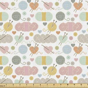 ambesonne hobby fabric by the yard, knitting needles yarn ball of wool crochet hooks illustration, decorative fabric for upholstery and home accents, 1 yard, rose mustard
