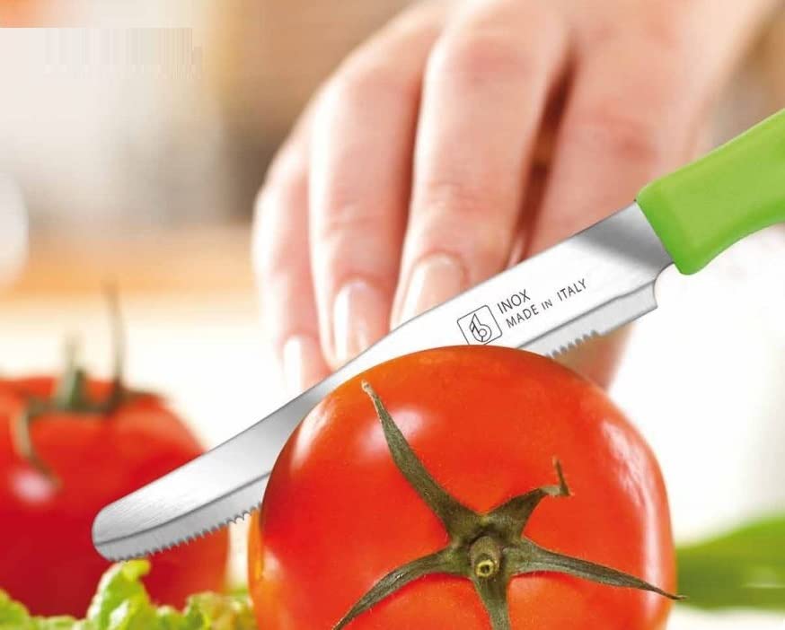 Tredoni 6 kitchen Knives - 4.3"/11cm Italian Stainless Steel Serrated Vegetable/Steak/Table Knife Cutlery, Rounded Tip (Blue)