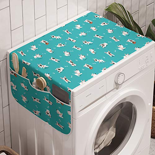 Lunarable Dog Lover Washing Machine Organizer, Continuous Layout of Bull Terrier Puppy Dog Pirate Pet Happy Theme Pattern, Anti-slip Fabric Cover for Washers and Dryers, 47" x 18.5", White Turquoise