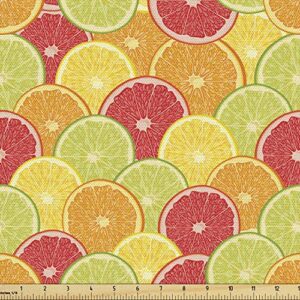 ambesonne colorful fabric by the yard, fresh ripe citrus fruits orange grapefruit and lemon repeating circular pattern, decorative fabric for upholstery and home accents, 1 yard, multicolor