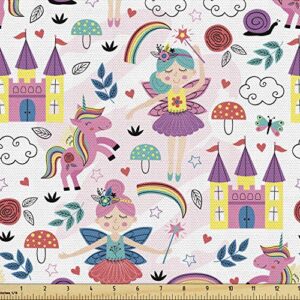ambesonne cartoon fabric by the yard, colorful illustration with characters unicorn chateau on plain background, decorative fabric for upholstery and home accents, 1 yard, purple lilac