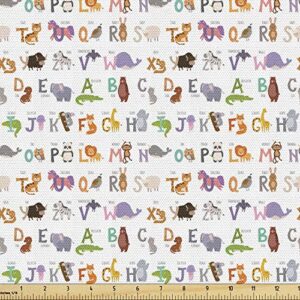 ambesonne alphabet fabric by the yard, pattern of animals and first letters learning themed image, decorative fabric for upholstery and home accents, 1 yard, white