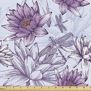 ambesonne nature fabric by the yard, water liliy and dragonfly patterns garden theme illustration wildlife, decorative fabric for upholstery and home accents, 1 yard, pale blue pale purple