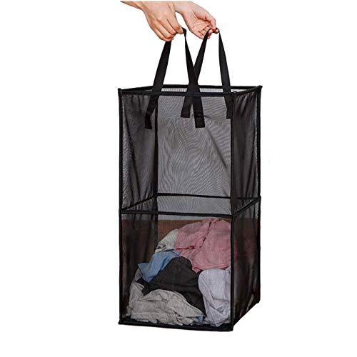 Mesh Popup Laundry Hamper with Handles, Portable & Durable Collapsible Dirty Clothes Mesh Basket Foldable for Washing Storage, Kids Room,College Dorm or Travel (Double -Layer, Black)