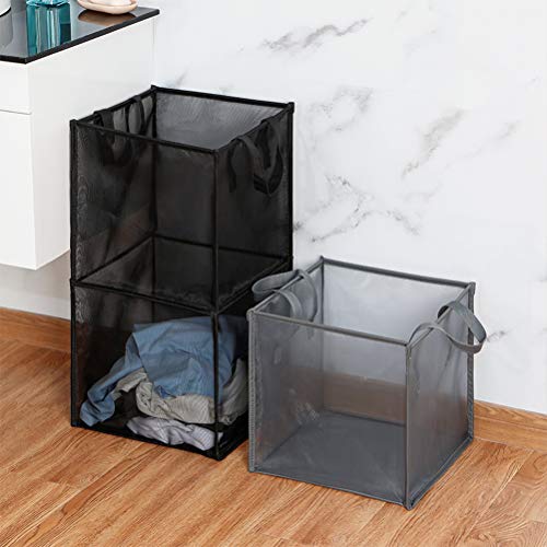 Mesh Popup Laundry Hamper with Handles, Portable & Durable Collapsible Dirty Clothes Mesh Basket Foldable for Washing Storage, Kids Room,College Dorm or Travel (Double -Layer, Black)