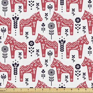 ambesonne ethnic fabric by the yard, folk inspired swedish dala horse with floral ornaments folklore art, decorative fabric for upholstery and home accents, 1 yard, coral indigo