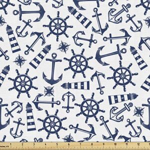 ambesonne navy white fabric by the yard, simple retro nautical pattern with anchor helm lighthouse and windrose, decorative fabric for upholstery and home accents, 2 yards, night blue and white