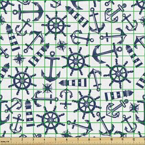 Ambesonne Navy White Fabric by The Yard, Simple Retro Nautical Pattern with Anchor Helm Lighthouse and Windrose, Decorative Fabric for Upholstery and Home Accents, 2 Yards, Night Blue and White