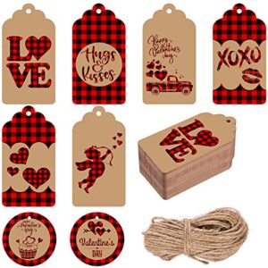 whaline 120pcs valentine's day paper gift tags red black plaid heart love hanging name tags with 66ft twine for wedding anniversary diy gift crafts wedding party favor, 8 designs