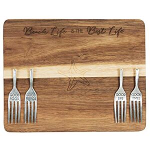 pavilion gift company beach best life starfish 7 x 9 inch cutting cheese board, set of 4 forks with debossed text, 9", brown