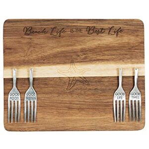 Pavilion Gift Company Beach Best Life Starfish 7 x 9 Inch Cutting Cheese Board, Set of 4 Forks with Debossed Text, 9", Brown