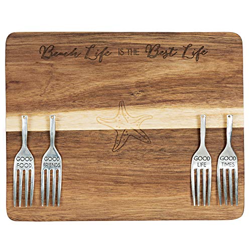 Pavilion Gift Company Beach Best Life Starfish 7 x 9 Inch Cutting Cheese Board, Set of 4 Forks with Debossed Text, 9", Brown
