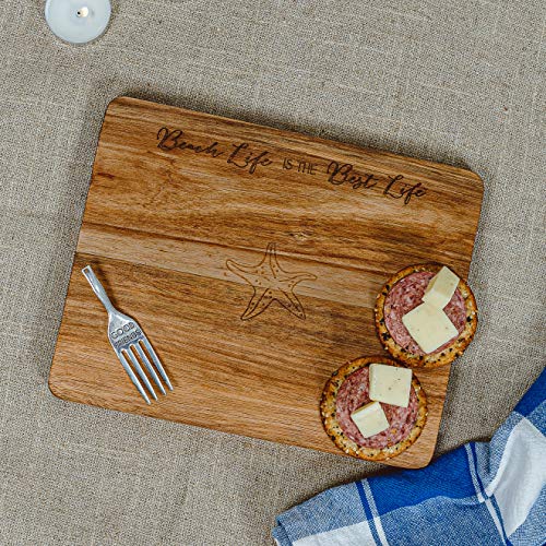 Pavilion Gift Company Beach Best Life Starfish 7 x 9 Inch Cutting Cheese Board, Set of 4 Forks with Debossed Text, 9", Brown