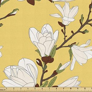 ambesonne floral fabric by the yard, retro magnolia tree branch flourishing fragrance blossoms pattern print, decorative fabric for upholstery and home accents, 1 yard, mustard brown