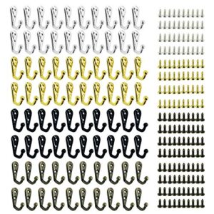 Woohome 80 PCS 4 Colors Wall Mounted Single Hook Double Hole Robe Hooks Coat Hooks and 160 PCS Screws for Hanging Key Hooks Jewelry