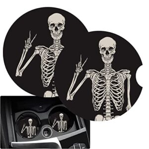 cup holders car coasters for women/men - 2 pack absorbent ceramic stone drinks coaster set, funny skull skeleton halloween victory