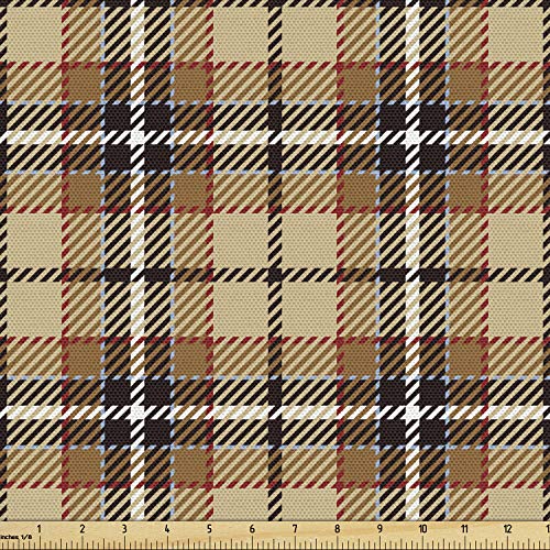 Ambesonne Brown Plaid Fabric by The Yard, Squares with Stripes Cutting Bold Streaks Vertical and Horizontal Abstract, Decorative Fabric for Upholstery and Home Accents, 2 Yards, Multicolor