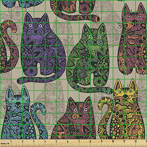 Ambesonne Cats Fabric by The Yard Colorful Vintage Kitten Animal with Zentangle Mandala Inspired Floral Motifs Decorative Water Resistant Fabric for Hobby Sewing Furnishing Ped Bed 1 Yard Purple Green