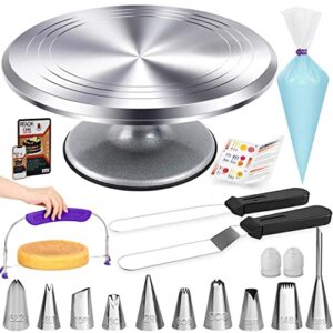 rfaqk 50pcs cake turntable set -12" aluminum revolving cake stand- professional cake decorating supplies kit with straight & offset icing spatula-numbered icing tips & bags- cake leveler