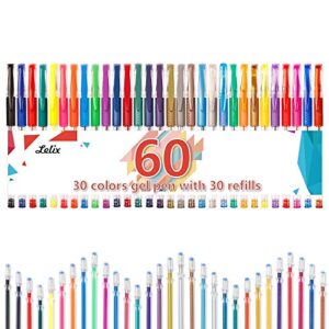 lelix gel pens, 60 pack gel pen set, 30 colors gel pen with 30 refills for kids adult coloring books, drawing, doodling, crafting, journaling, scrapbooking