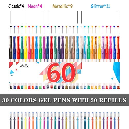 Lelix Gel Pens, 60 Pack Gel Pen Set, 30 Colors Gel Pen with 30 Refills for Kids Adult Coloring Books, Drawing, Doodling, Crafting, Journaling, Scrapbooking