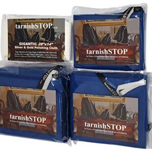 15.00 Savings, TarnishSTOP, USA Made, Bundle (3) Anti-Tarnish Prevention Cloth Storage Bags (Small, Medium and Large) + (1) Gigantic Silver Polishing Cloth For Silverplate & Sterling Silver, Blue