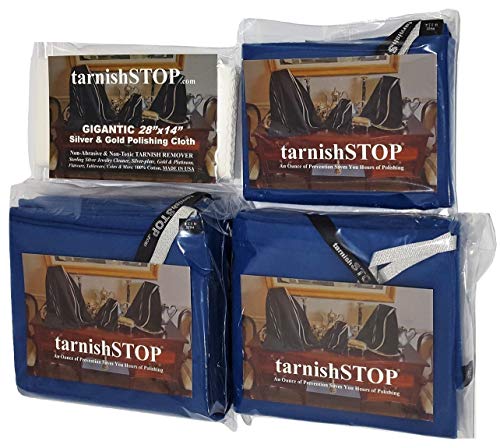 15.00 Savings, TarnishSTOP, USA Made, Bundle (3) Anti-Tarnish Prevention Cloth Storage Bags (Small, Medium and Large) + (1) Gigantic Silver Polishing Cloth For Silverplate & Sterling Silver, Blue