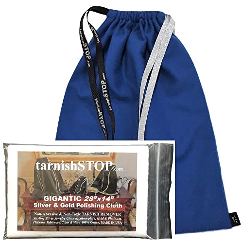 15.00 Savings, TarnishSTOP, USA Made, Bundle (3) Anti-Tarnish Prevention Cloth Storage Bags (Small, Medium and Large) + (1) Gigantic Silver Polishing Cloth For Silverplate & Sterling Silver, Blue